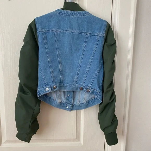 $498 NWOT Veronica Beard Emelia Denim Paneled Ruched Sleeves Bomber Jacket sz S